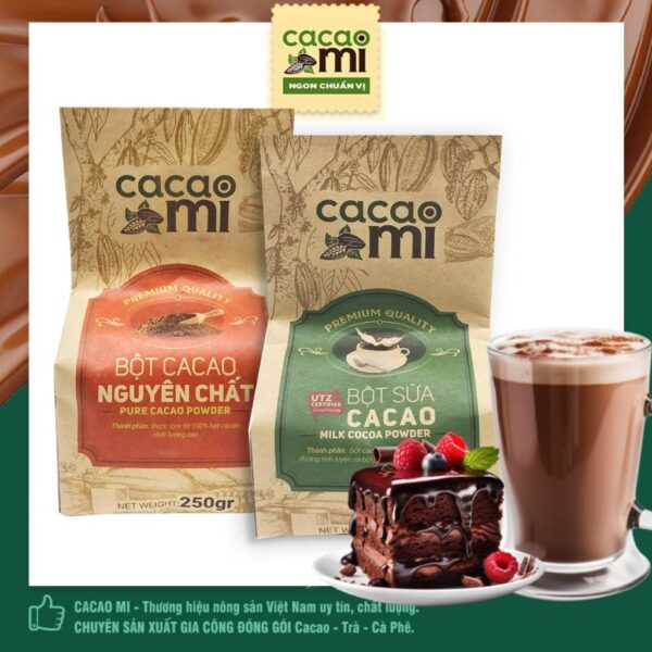 Combo CacaoMi Cacao Nguyên Chất Gu Đậm Vị và Cacao Sữa Hoà Tan  gói 250g