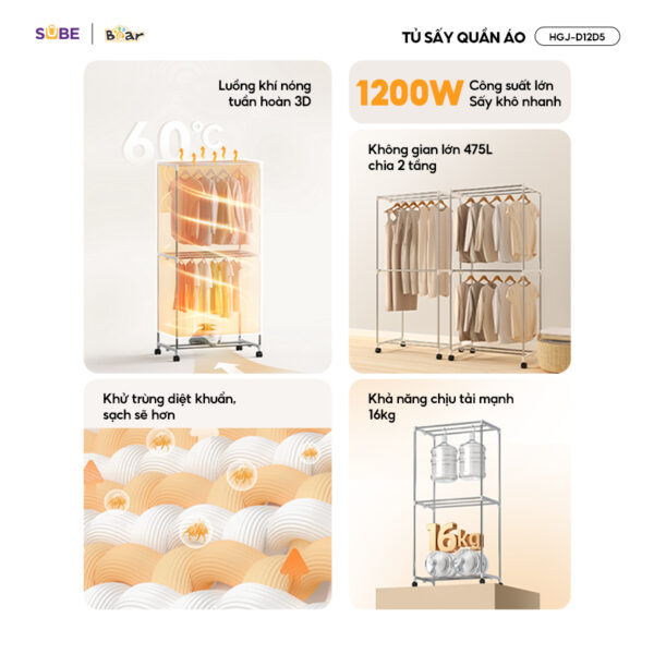 Tủ Sấy Quần Áo Bear Máy Sấy Quần Áo Ẩm Ướt Tủ Sấy Quần Áo Gấp Gọn Khử Trùng Diệt Khuẩn - Hình ảnh 3