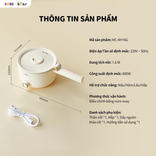 Nồi Điện Đa Năng Bear Nồi Nấu Hầm Lẩu Hấp Có Tay Cầm Gấp Gọn Chống Dính Dung Tích 1.6L MC-4H16G - Hình ảnh 9