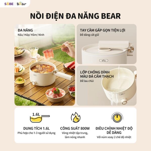 Nồi Điện Đa Năng Bear Nồi Nấu Hầm Lẩu Hấp Có Tay Cầm Gấp Gọn Chống Dính Dung Tích 1.6L MC-4H16G - Hình ảnh 4