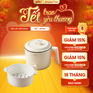 Nồi Điện Đa Năng Bear Nồi Điện Mini Hấp Nấu Lẩu Hầm Chiên Xào Chống Dính Dung Tích 1.2L MC-4H16H