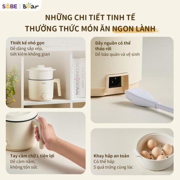 Nồi Điện Đa Năng Bear Nồi Điện Mini Hấp Nấu Lẩu Hầm Chiên Xào Chống Dính Dung Tích 1.2L MC-4H16H - Hình ảnh 6