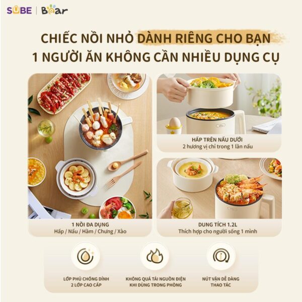 Nồi Điện Đa Năng Bear Nồi Điện Mini Hấp Nấu Lẩu Hầm Chiên Xào Chống Dính Dung Tích 1.2L MC-4H16H - Hình ảnh 9