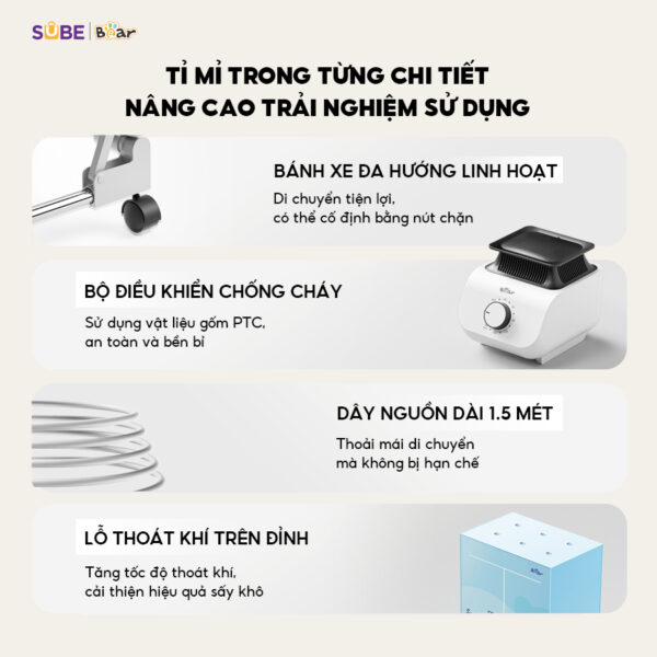 Tủ Sấy Quần Áo Bear Máy Sấy Đồ Gấp Gọn Sấy Sưởi Khô Quần Áo Kháng Khuẩn PCD - 4H12G - Hình ảnh 6