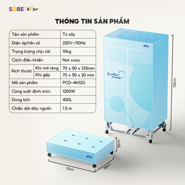 Tủ Sấy Quần Áo Bear Máy Sấy Đồ Gấp Gọn Sấy Sưởi Khô Quần Áo Kháng Khuẩn PCD - 4H12G - Hình ảnh 7
