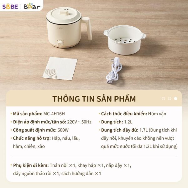 Nồi Điện Đa Năng Bear Nồi Điện Mini Hấp Nấu Lẩu Hầm Chiên Xào Chống Dính Dung Tích 1.2L MC-4H16H - Hình ảnh 5